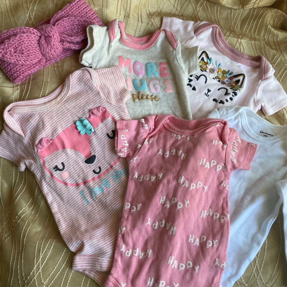 Gerber One piece Bodysuit 6 pc Bundle Short long Sleeve Baby Girl knit‎ headband